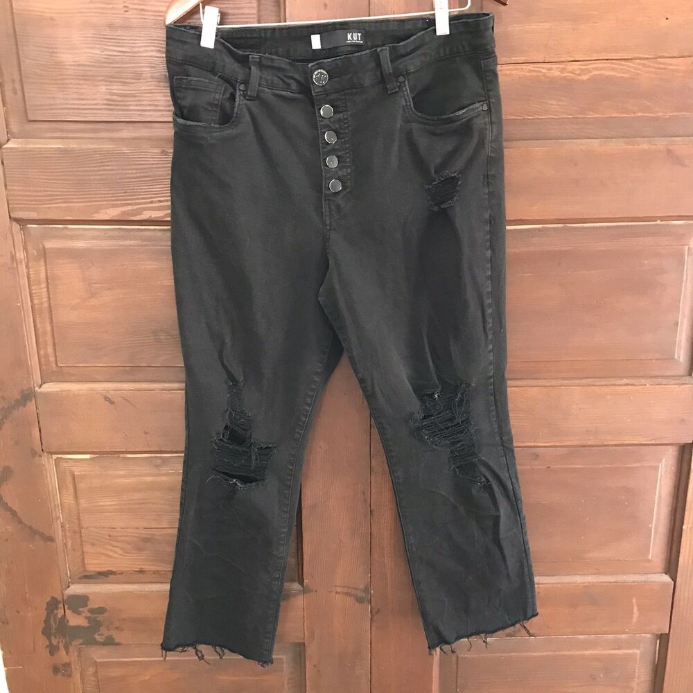 KUT from the Kloth Women's Skinny Distressed Button Fly Size 14 Black Jeans